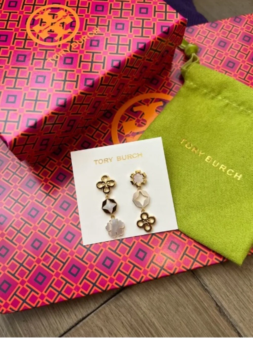 Tory Burch Pink and Gold Tiered Floral Drop Earrings